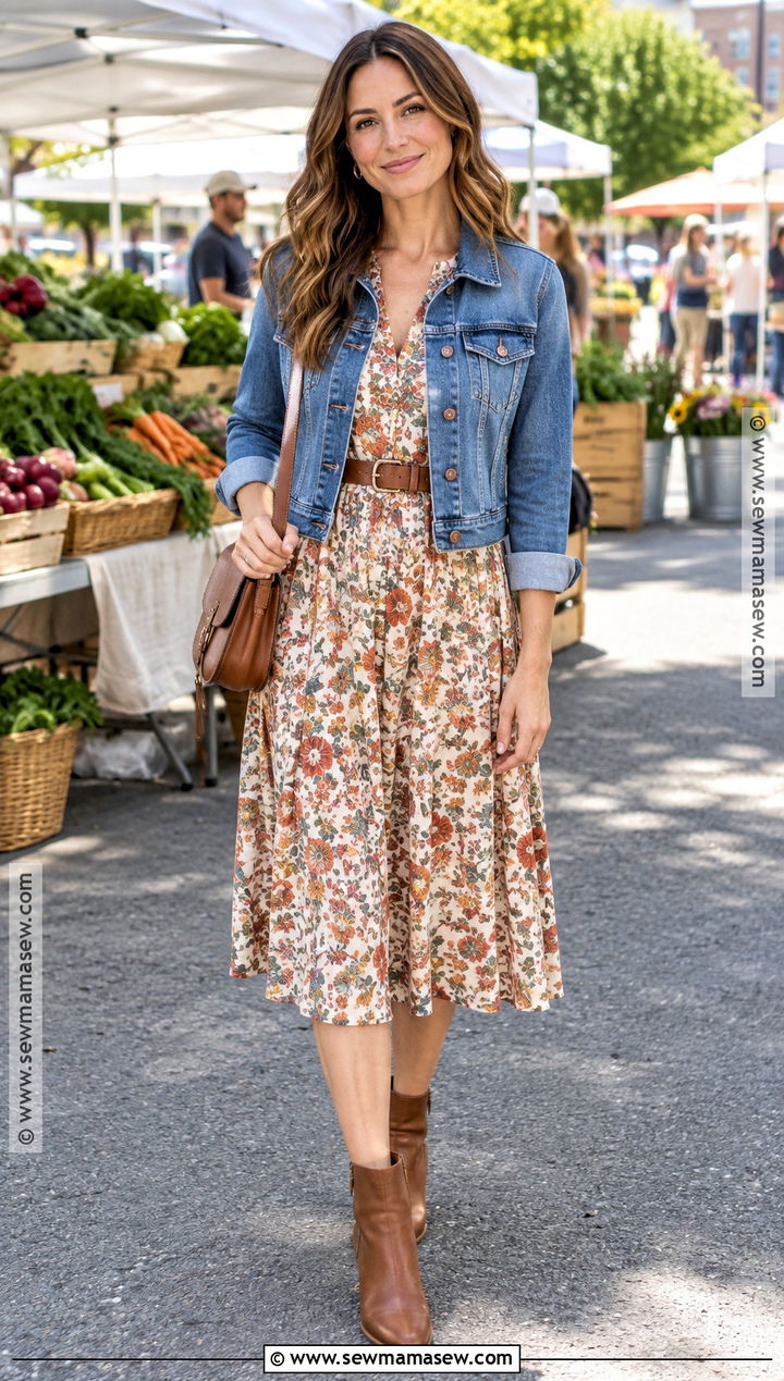 Fall Denim Jacket With Midi Dress And Boots - 15 Simple But Cute Fall Outfits