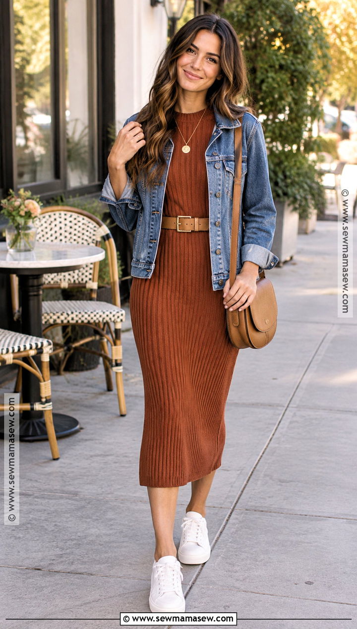 Fall Denim Jacket and Knit Dress Outfit - 30 fall outfit ideas