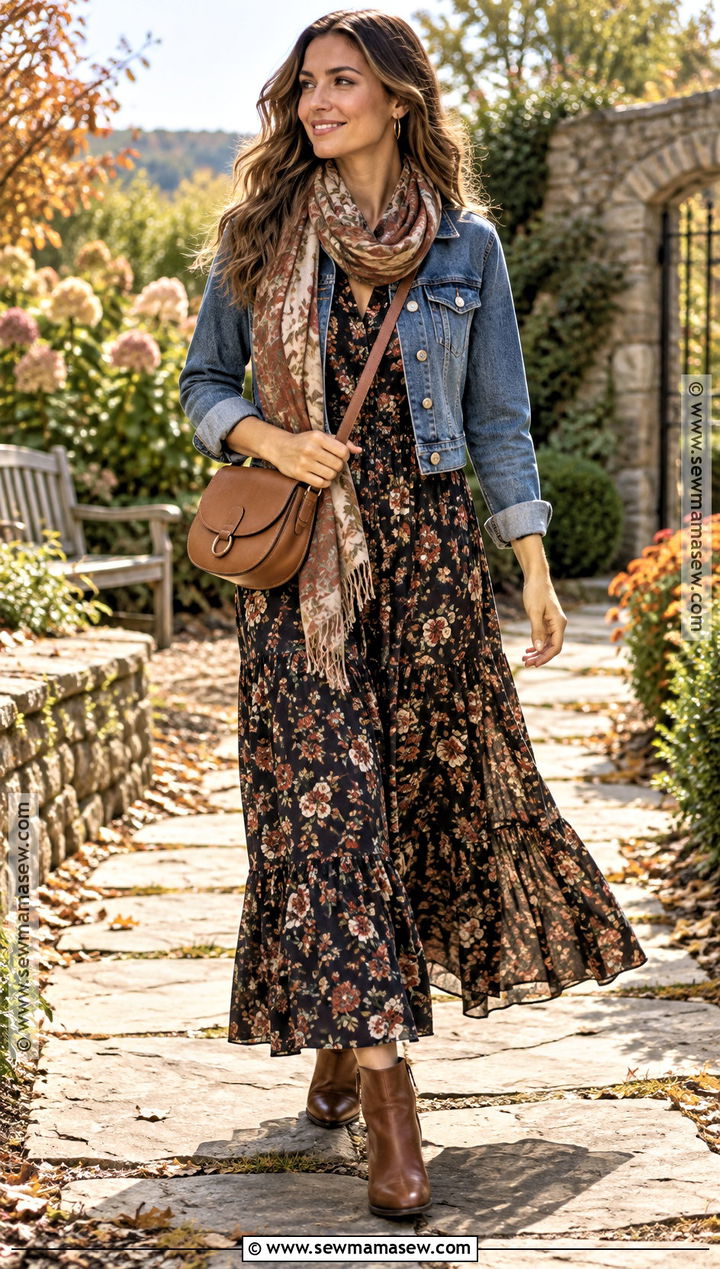 Fall Denim Jacket and Maxi Dress Outfit - 20 Fall Outdoor Outfits for Women
