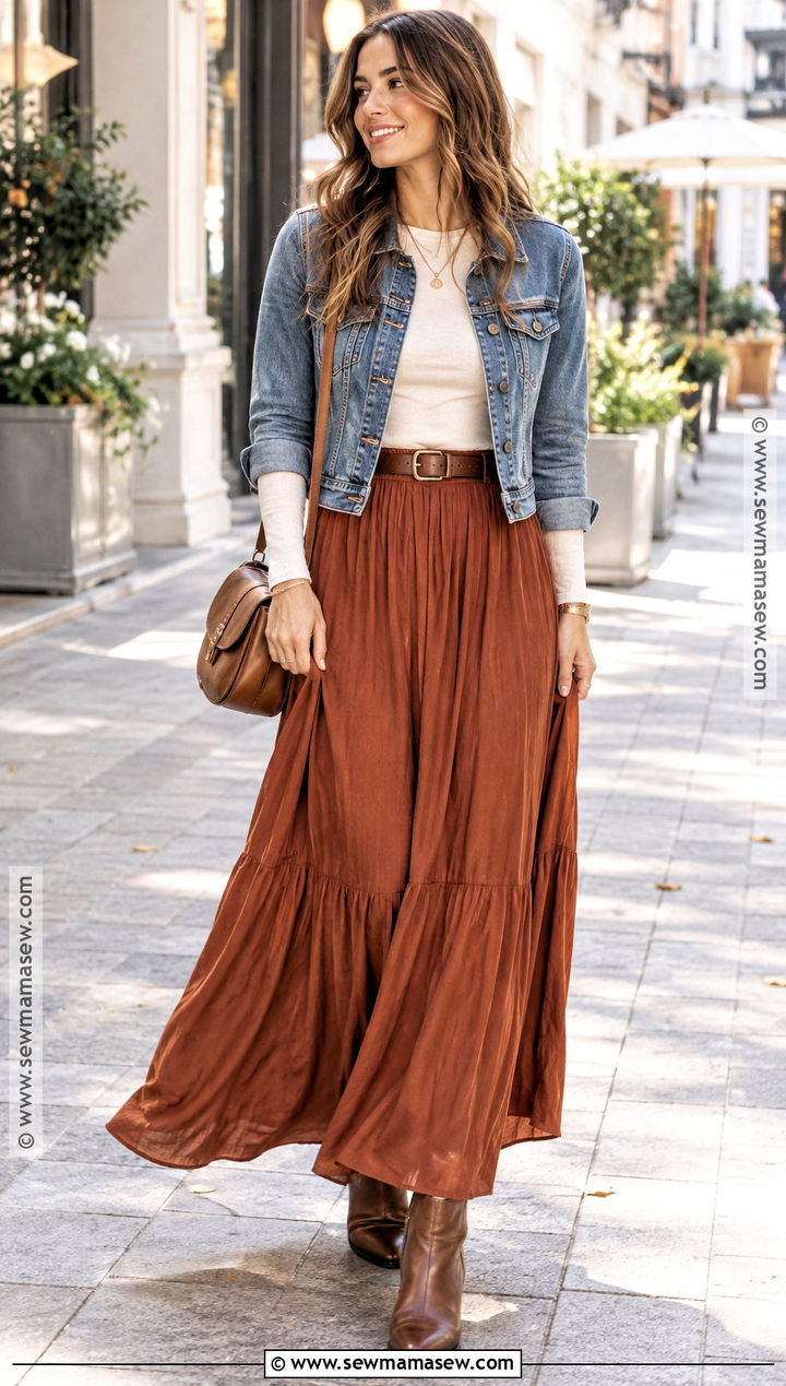 Fall Denim Jacket and Maxi Skirt Outfit - 20 fall lookbook ideas