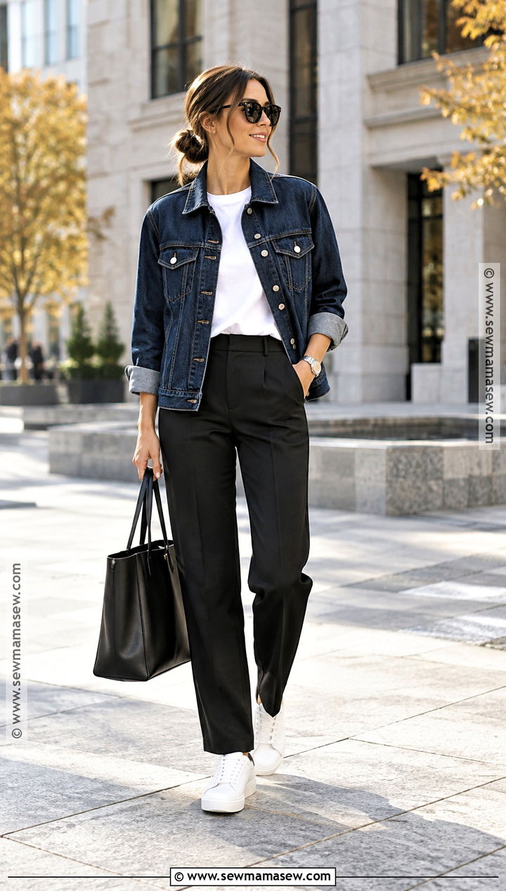 Fall Denim Jacket and Tailored Pants Outfit - 15 Minimalist Fall Capsule Wardrobe Ideas