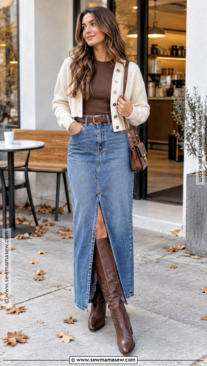 Fall Denim Maxi Skirt And Cardigan Outfit - 15 Lookbook Outfits Fall 2026