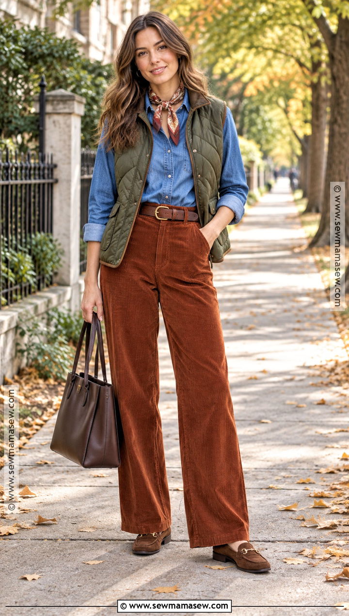 Fall Denim Shirt And Corduroy Pants Outfit - 20 fashion outfits fall