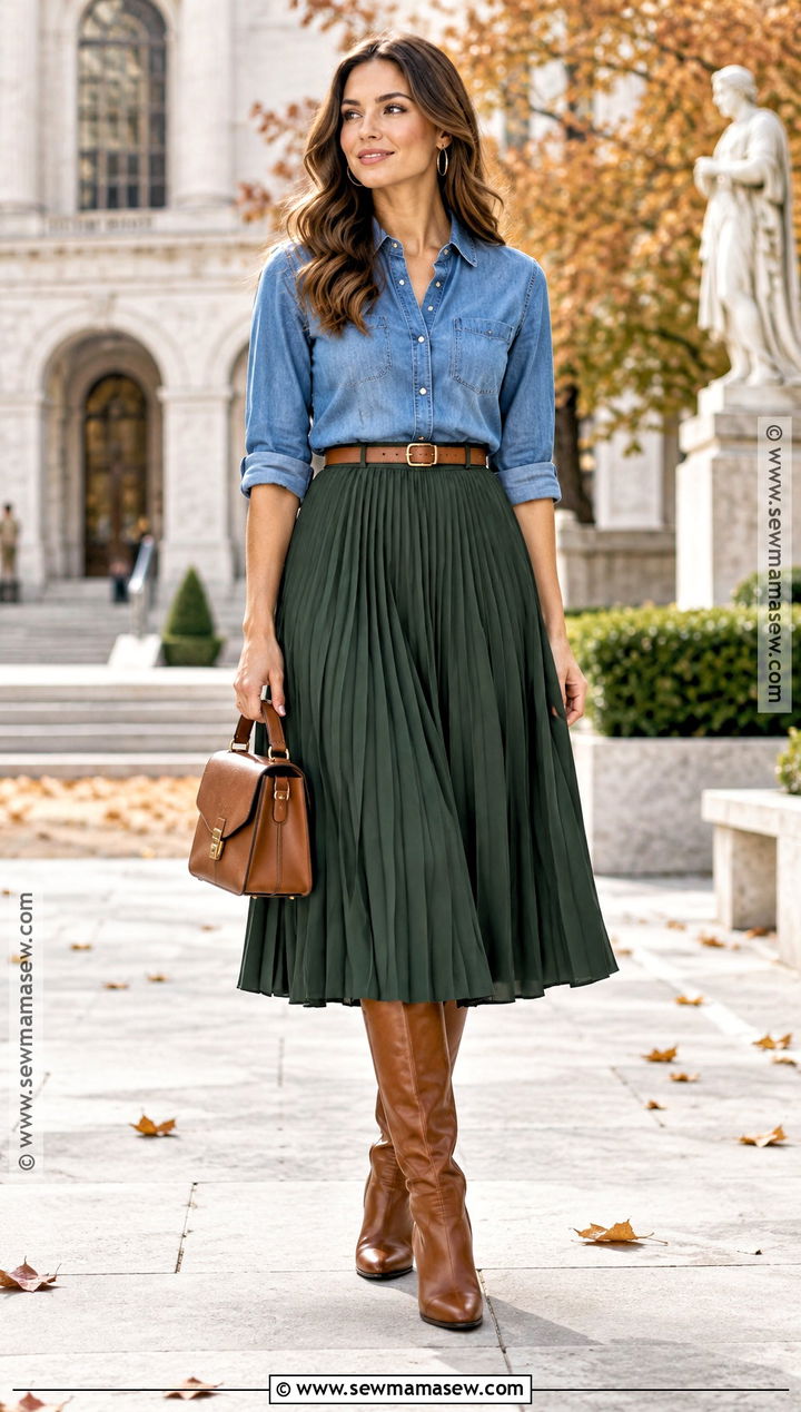 Fall Denim Shirt Outfit With A Midi Skirt - 20 Dressy Casual Outfits Fall