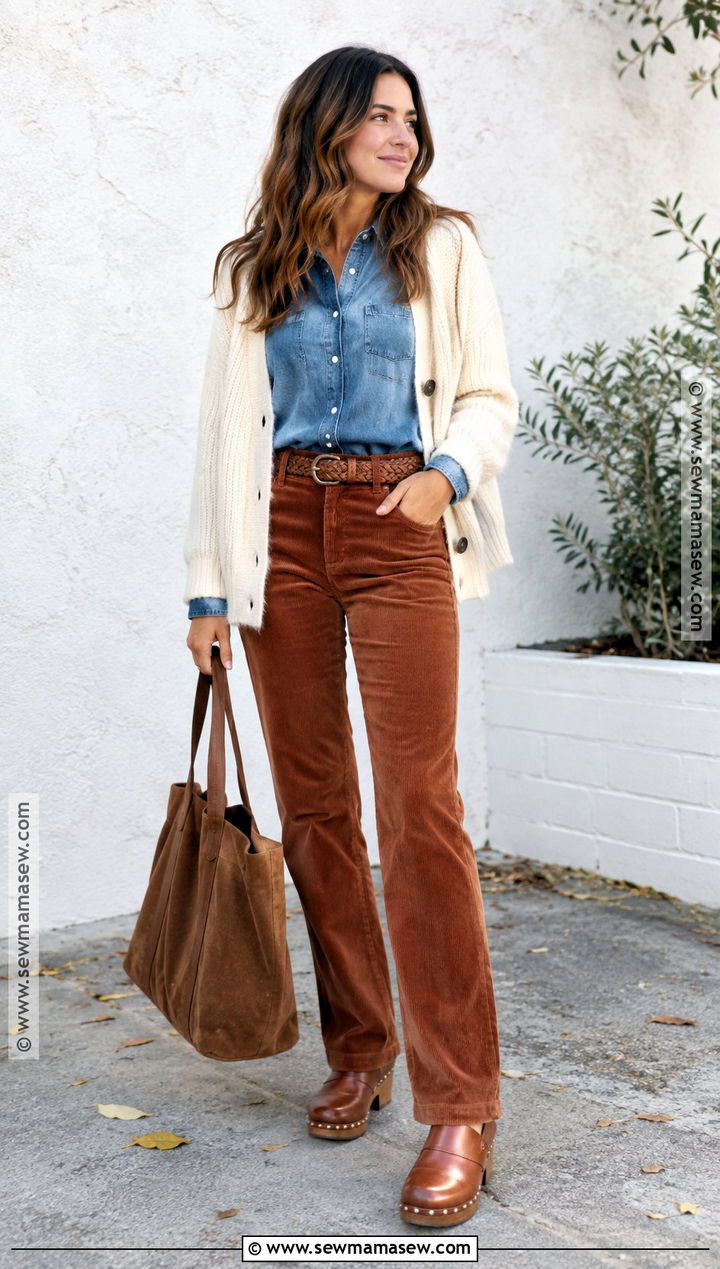 Fall Denim Shirt With Corduroy Pants - 25 fall looks for women outfit ideas