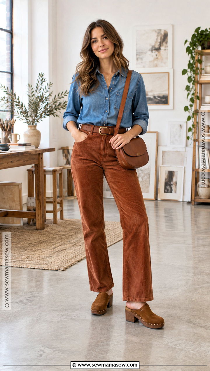 Fall Denim Shirt With Corduroy Pants - 20 Fall Attire Ideas for Women