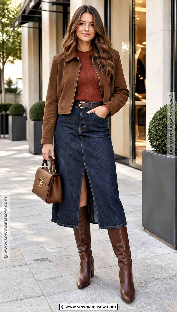 Fall Denim Skirt And Knee High Boots Outfit - 20 Cute Outfit Inspo Fall Ideas