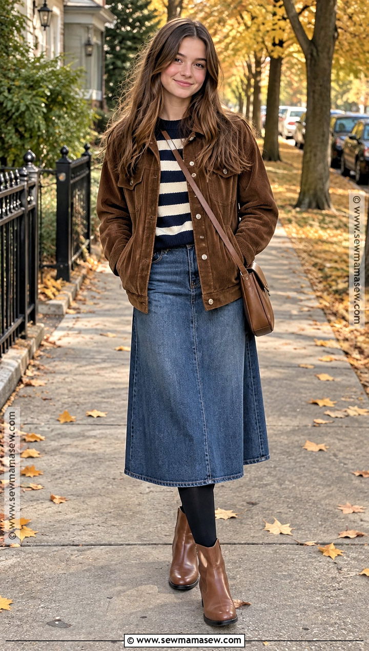 Fall Denim Skirt And Striped Sweater Outfit - 15 fall fashion inspiration ideas for teens