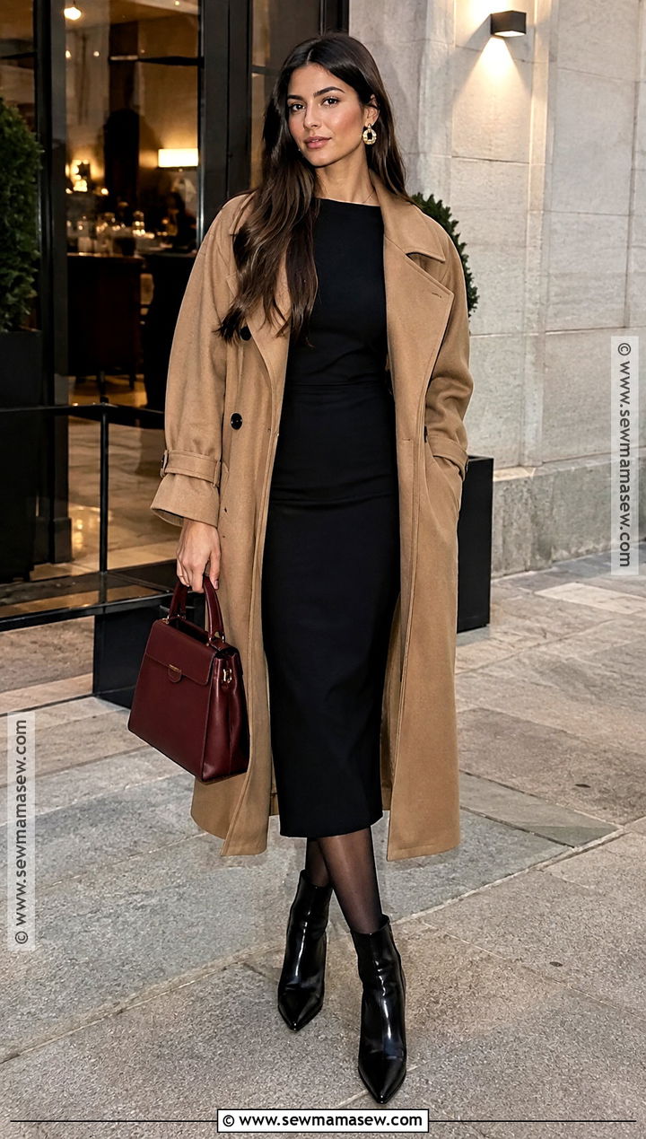 Fall Dinner Outfit With A Black Midi Dress And Trench Coat - 20 fall outfits for dinner