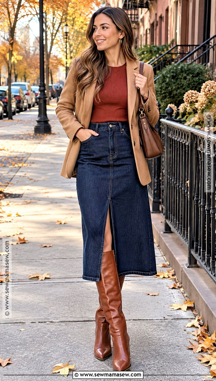 Fall Dinner Outfit With A Denim Midi Skirt And Boots - 20 fall outfits for dinner