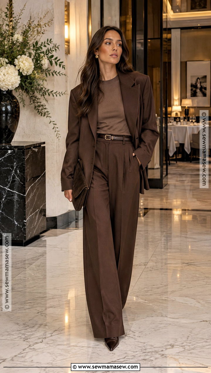 Fall Dinner Outfit With A Monochrome Brown Suit - 20 fall outfits for dinner