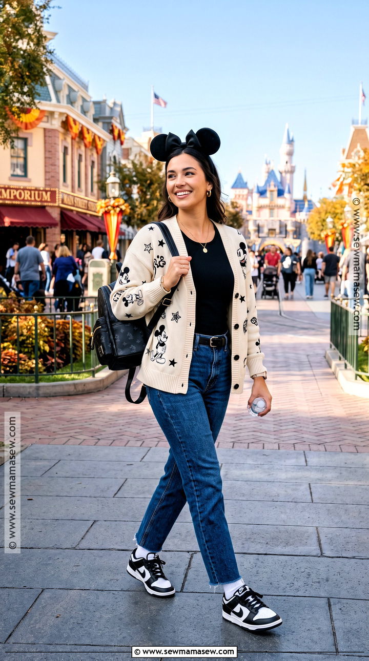 Fall Disneyland Mickey Cardigan And Straight Jeans Outfit - 25 disneyland outfits fall