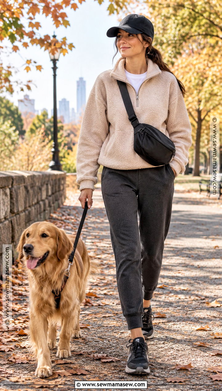 Fall Dog Walking Outfit With A Fleece And Joggers - 15 dog walking outfit fall ideas