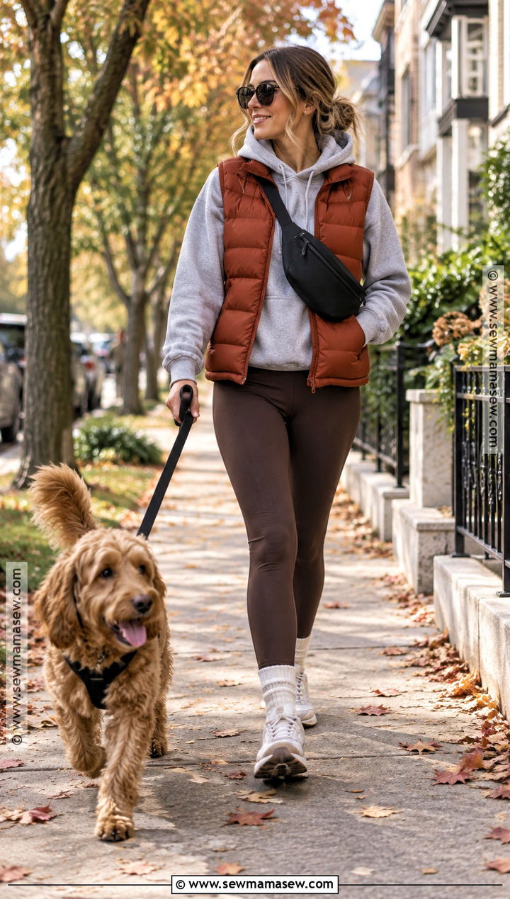 Fall Dog Walking Outfit With A Hoodie And Puffer Vest - 15 dog walking outfit fall ideas