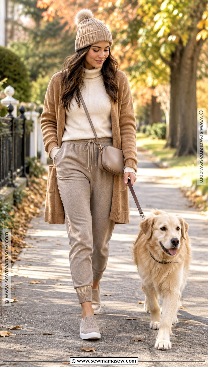 Fall Dog Walking Outfit With A Long Cardigan And Joggers - 15 dog walking outfit fall ideas