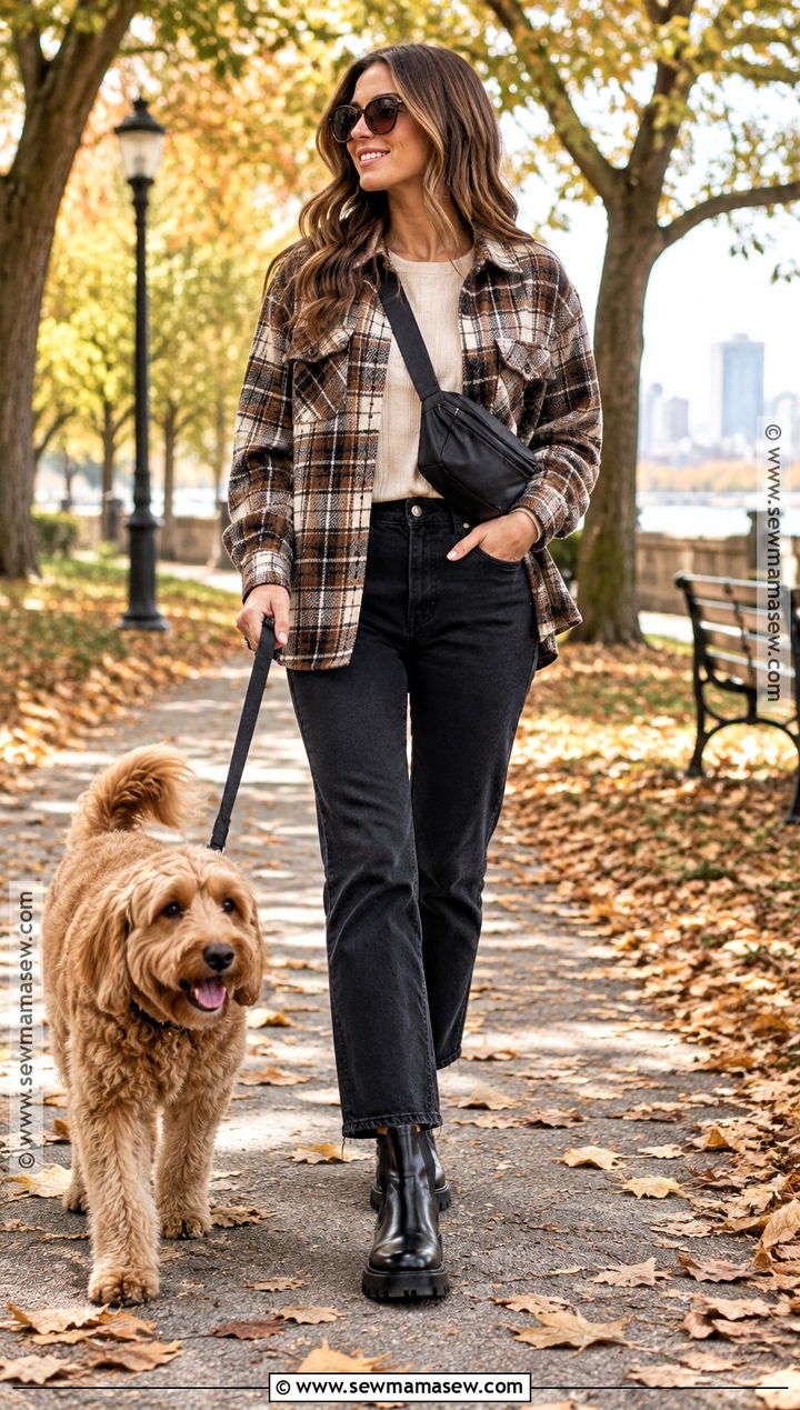 Fall Dog Walking Outfit With A Shacket And Black Jeans - 15 dog walking outfit fall ideas