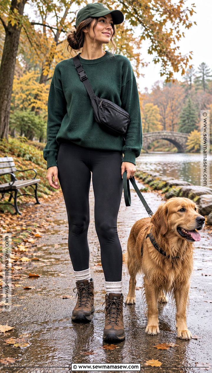 Fall Dog Walking Outfit With A Sweater And Waterproof Boots - 15 dog walking outfit fall ideas