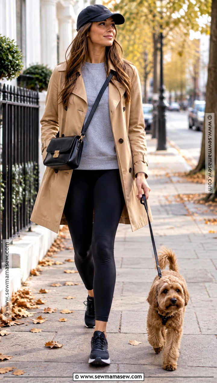 Fall Dog Walking Outfit With A Trench Coat And Leggings - 15 dog walking outfit fall ideas