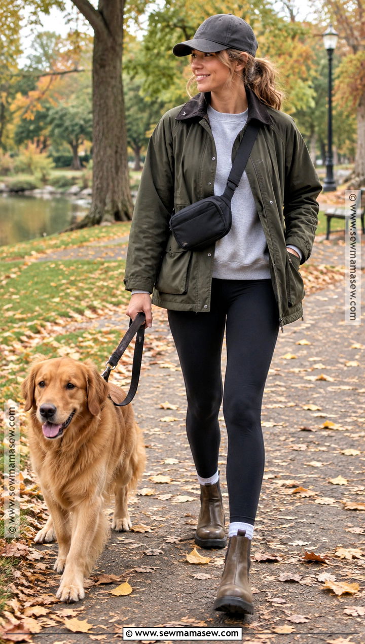 Fall Dog Walking Outfit With Barn Jacket and Leggings - 15 outdoor outfits for women fall