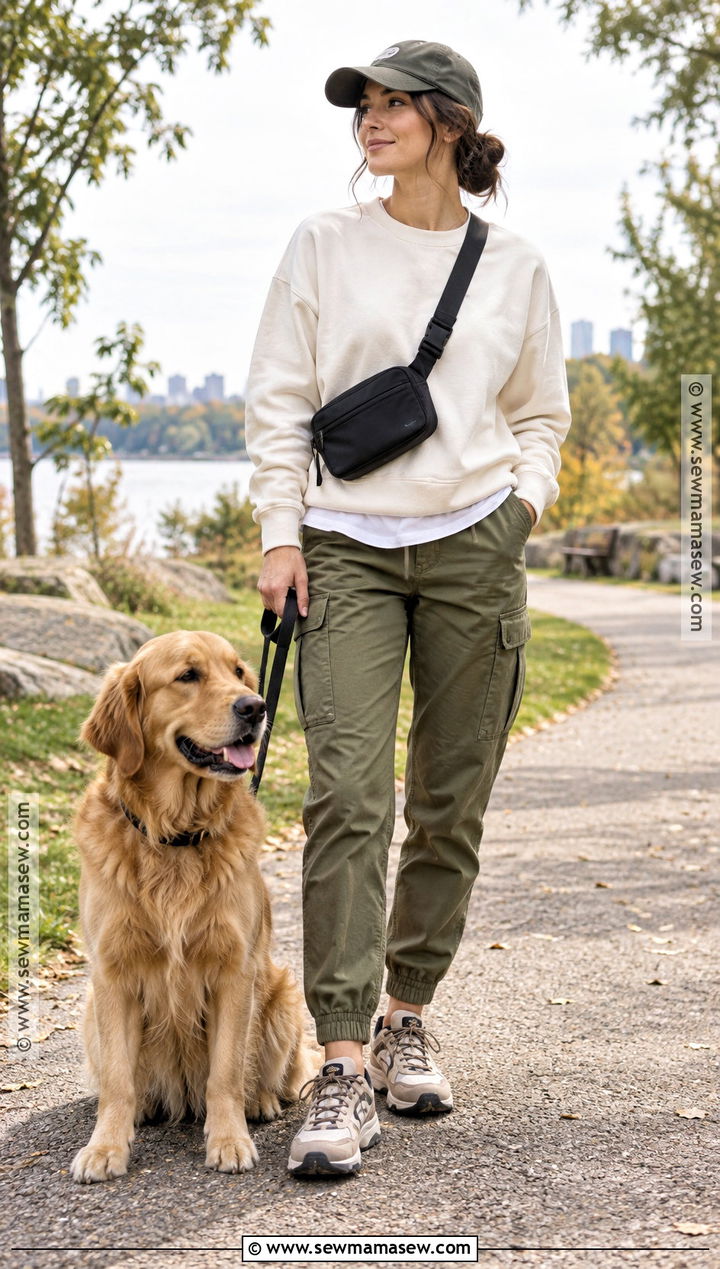 Fall Dog Walking Outfit With Cargo Pants And A Sweatshirt - 15 dog walking outfit fall ideas