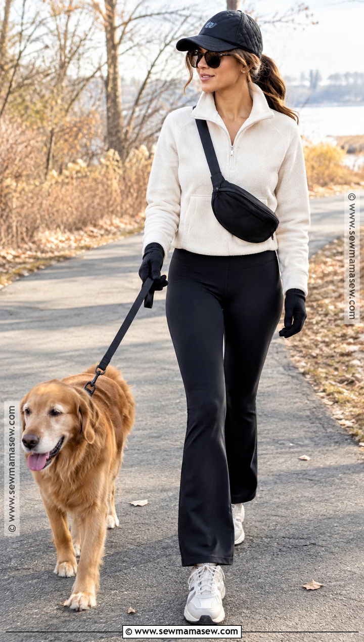 Fall Dog Walking Outfit With Flared Leggings And A Half Zip - 15 dog walking outfit fall ideas