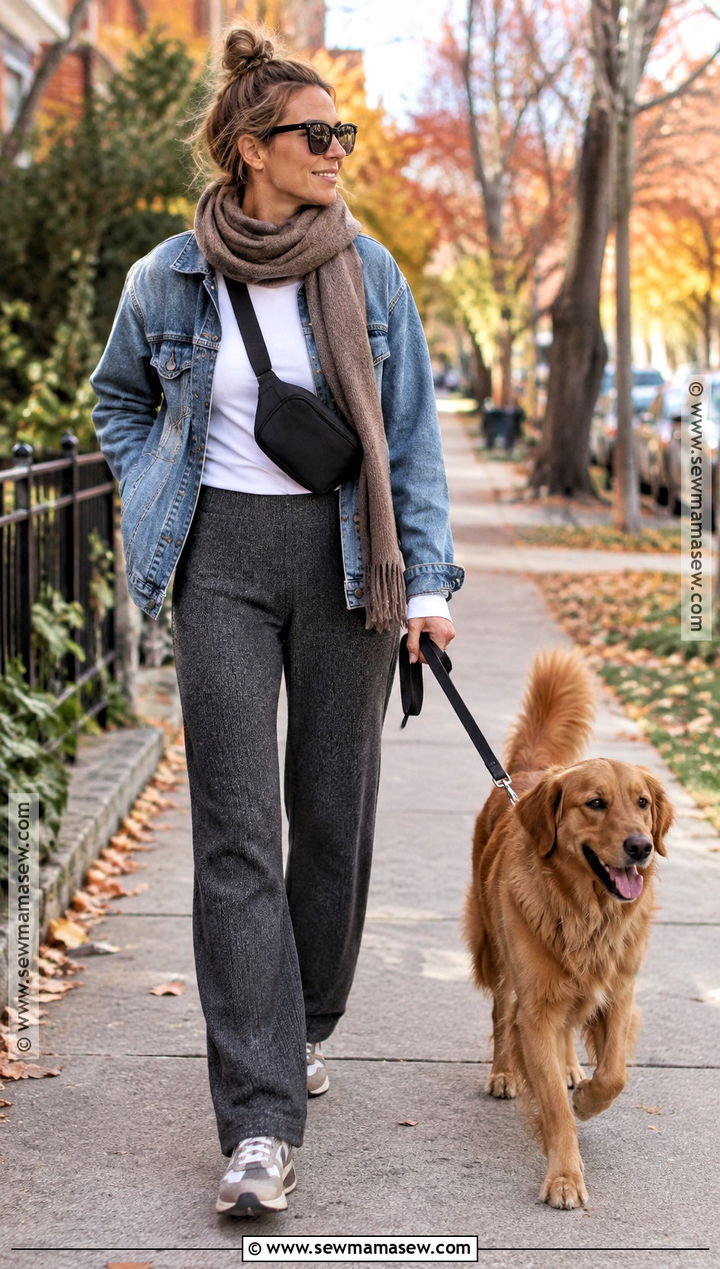 Fall Dog Walking Outfit With Knit Pants And A Denim Jacket - 15 dog walking outfit fall ideas