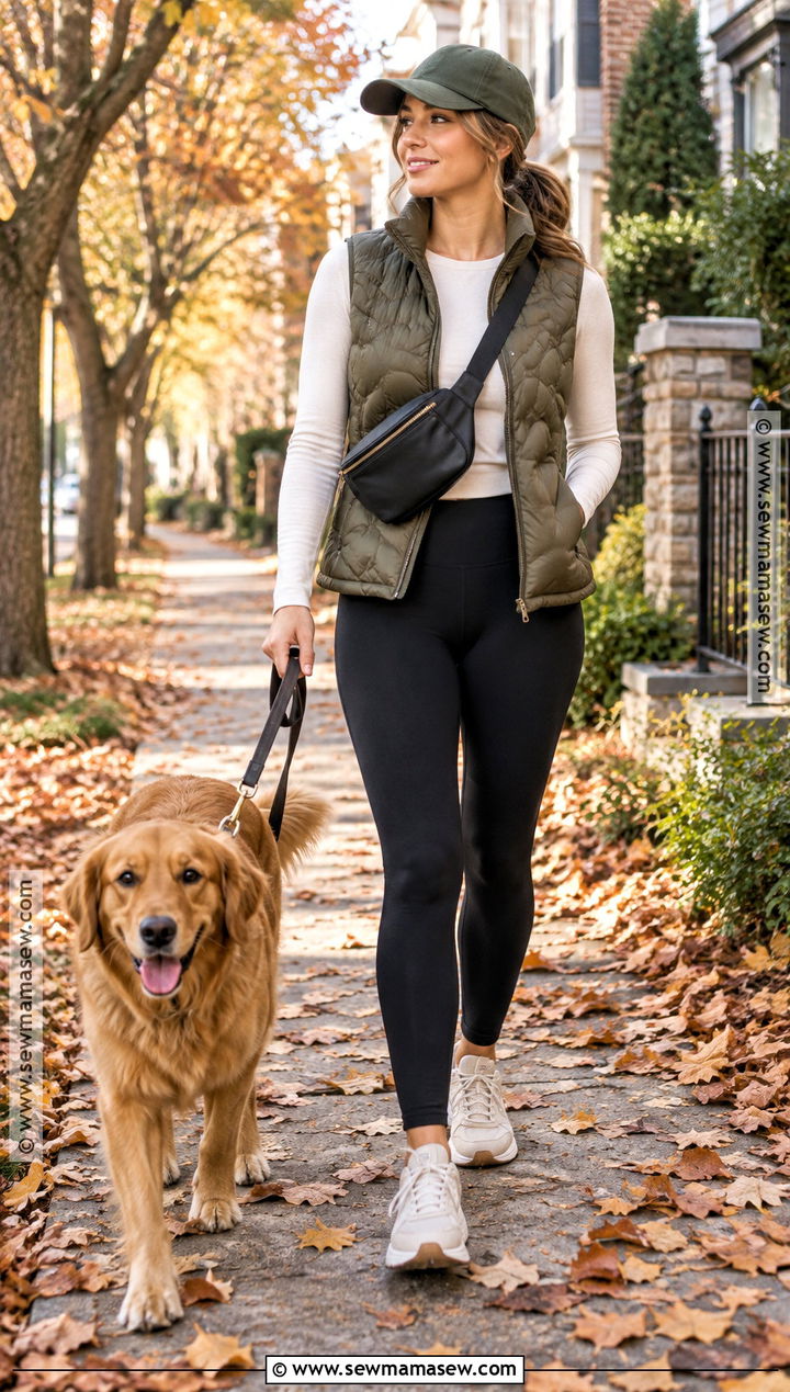 Fall Dog Walking Outfit With Leggings And A Quilted Vest - 15 dog walking outfit fall ideas
