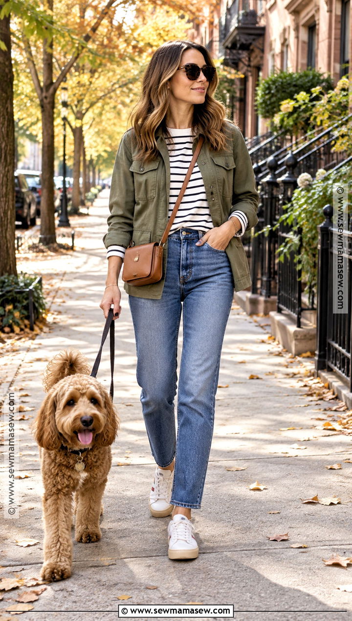 Fall Dog Walking Outfit With Straight Leg Jeans And Sneakers - 15 dog walking outfit fall ideas