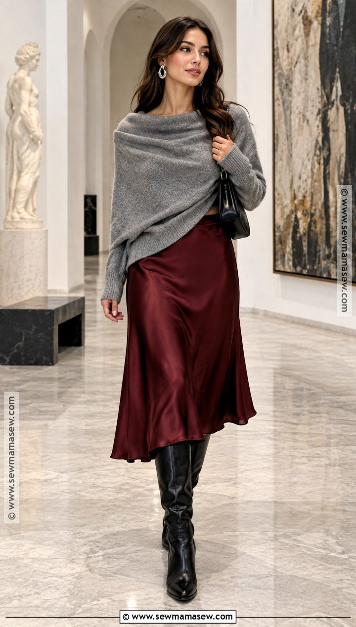 Fall Draped Sweater And Satin Skirt Outfit - 15 fall 2026 womens fashion ideas