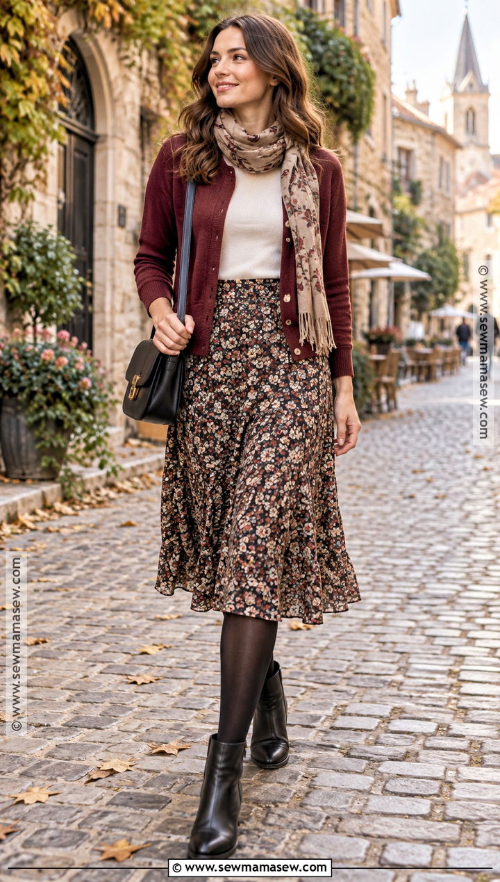 Fall Europe Cardigan With Midi Skirt And Ankle Boots - 15 10 Day Travel Wardrobe Fall Europe Ideas