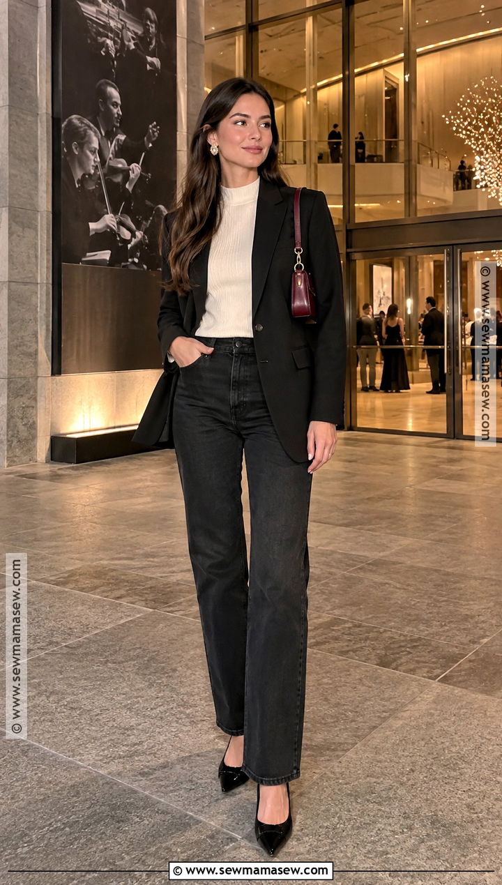Fall Evening Outfit With Blazer And Dark Jeans - 15 10 Days Travel Outfits Fall