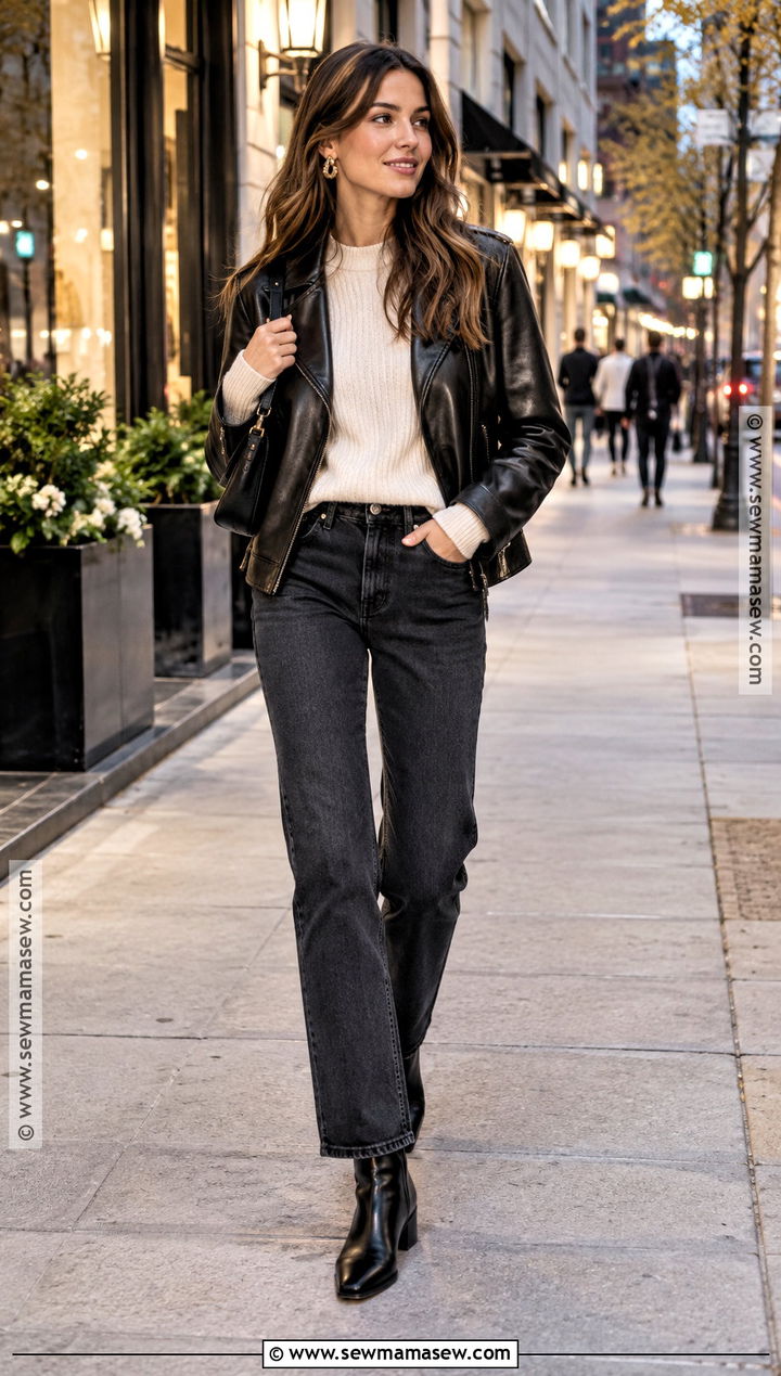 Fall Evening Outfit With Leather Jacket And Jeans - 20 fall vacation outfits casual