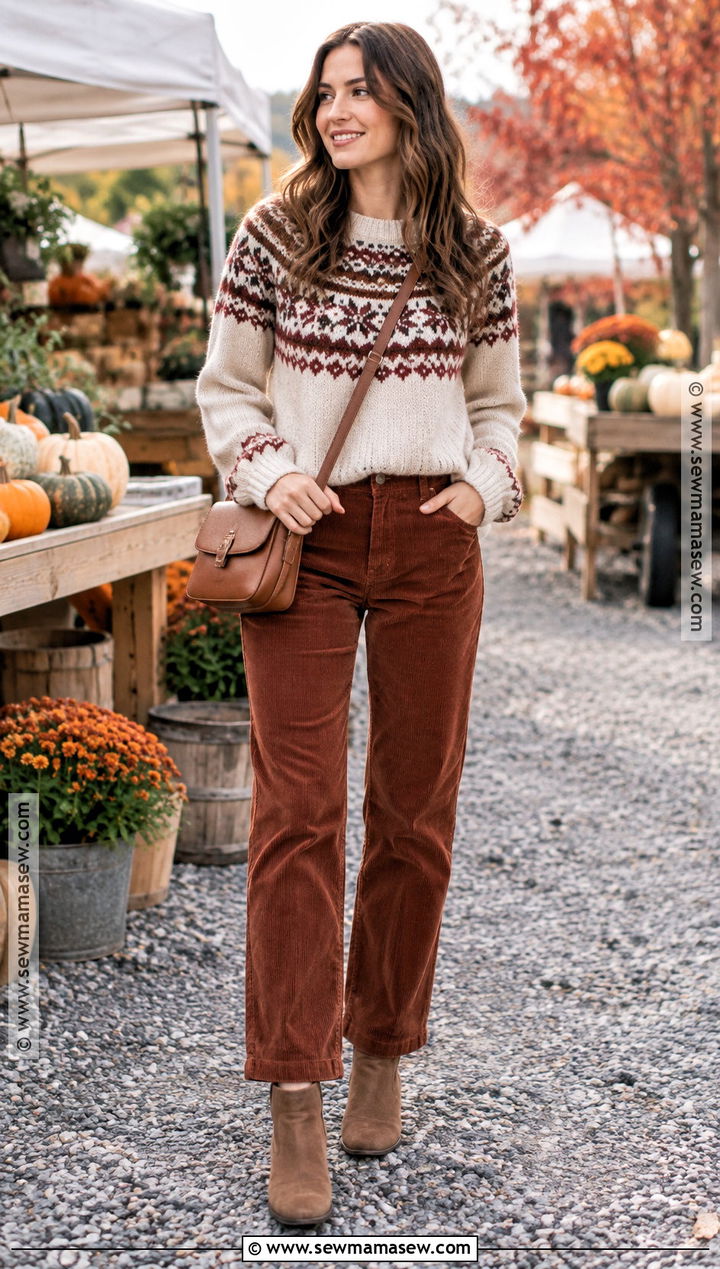 Fall Fair Isle Sweater And Corduroy Pants Outfit - 30 fall fashion ideas