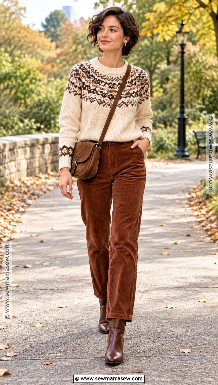 Fall Fair Isle Sweater Outfit With Corduroy Pants - 20 fall outfits short hair