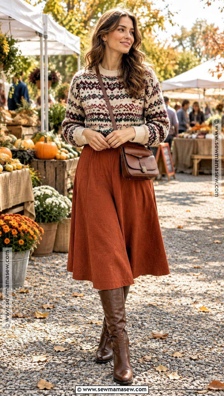 Fall Fair Isle Sweater With A Line Skirt - 20 Fall Attire Ideas for Women