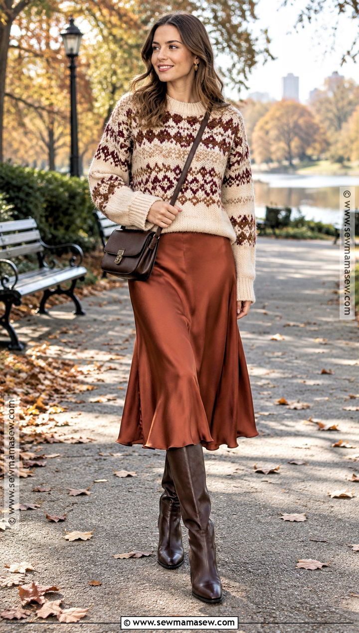 Fall Fair Isle Sweater With Midi Skirt And Boots - 15 fall fashion style ideas