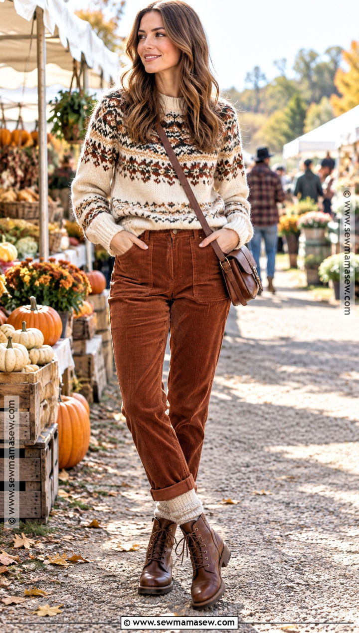Fall Fair Isle Sweater and Corduroy Pants Outfit - 20 fall lookbook ideas