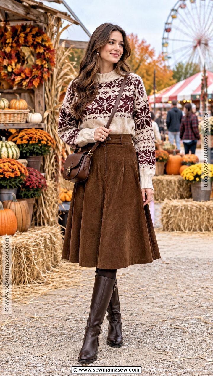 Fall Fair Isle Sweater and Corduroy Skirt Outfit - 20 Fall Outdoor Outfits for Women
