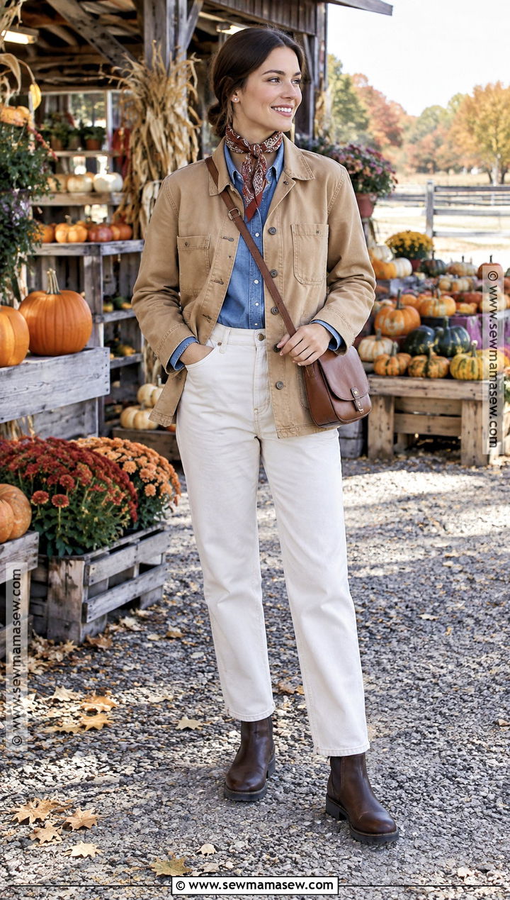 Fall Farm Trip Outfit With Chore Jacket And Ecru Jeans - 20 Fall Trip Outfits
