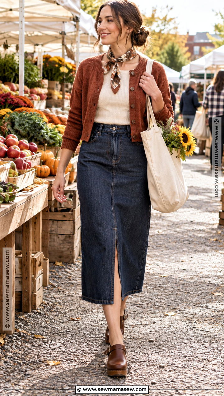 Fall Farmers Market Date Outfit With Denim Skirt And Cardigan - 20 cute fall date outfits