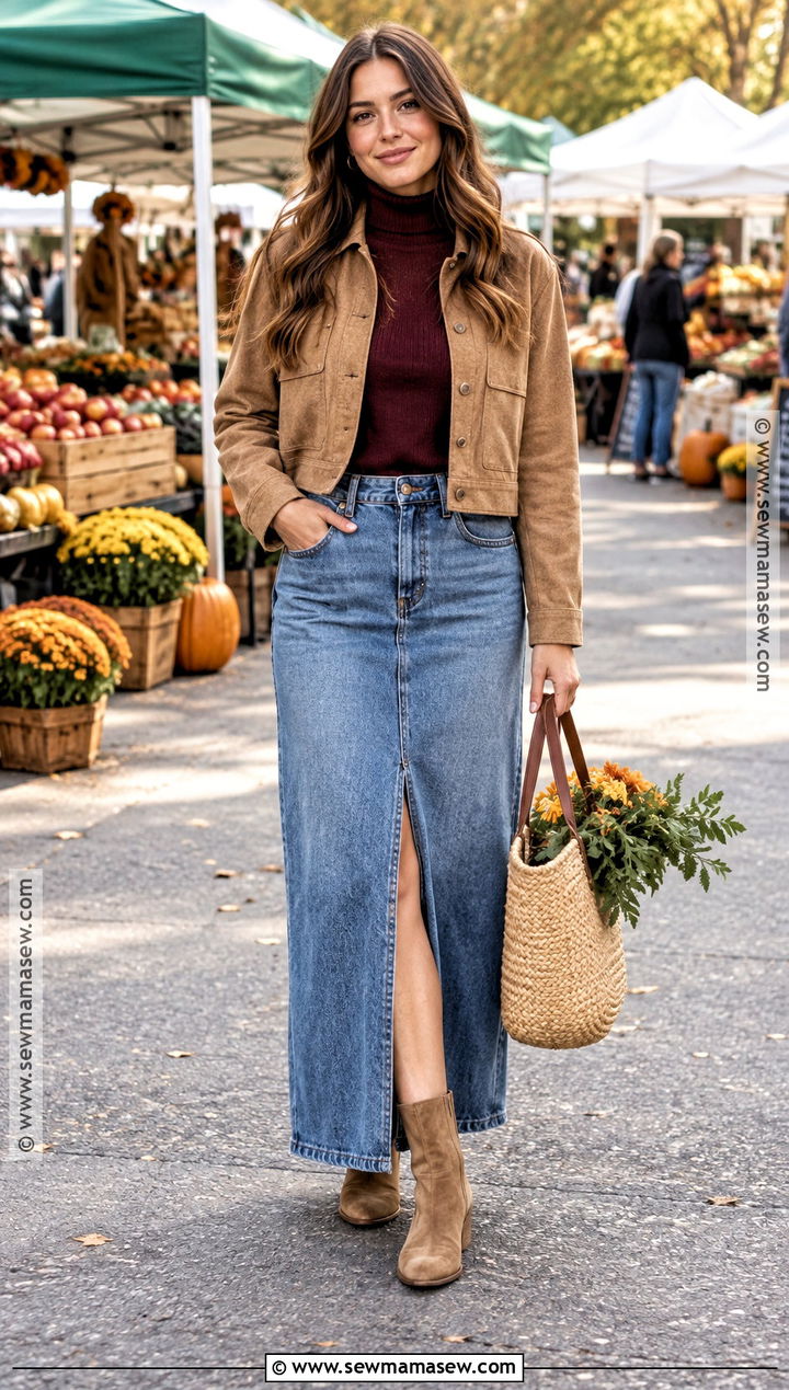 Fall Farmers Market Outfit With A Denim Maxi Skirt - 25 fall farmers market outfit ideas