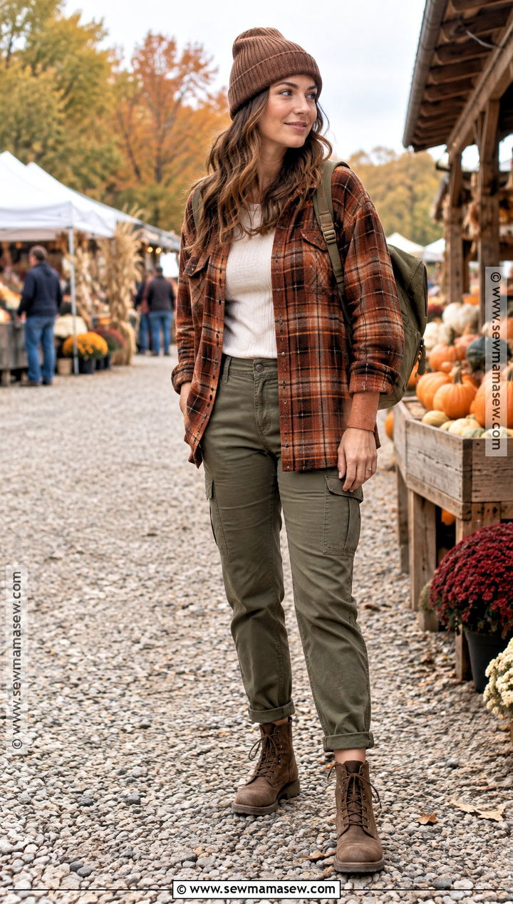 Fall Farmers Market Outfit With A Flannel Shacket And Cargo Pants - 25 farmers market outfit fall ideas
