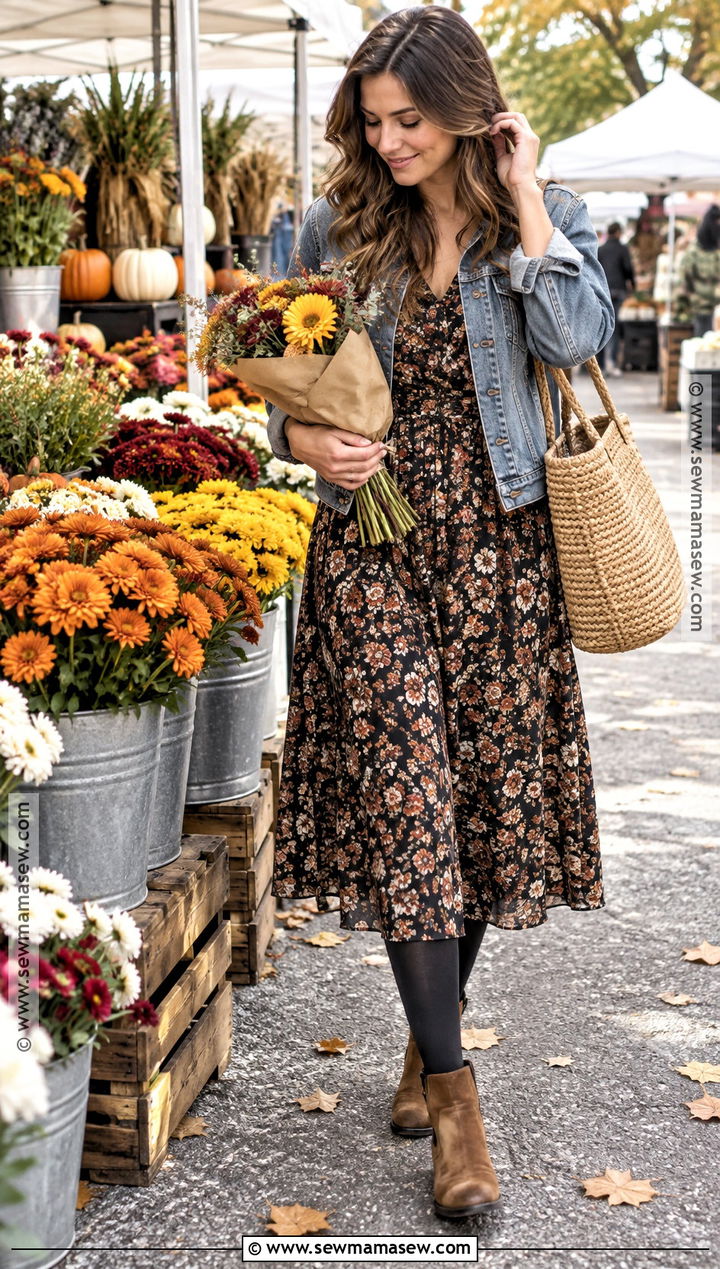Fall Farmers Market Outfit With A Floral Dress And Denim Jacket - 25 farmers market outfit fall ideas