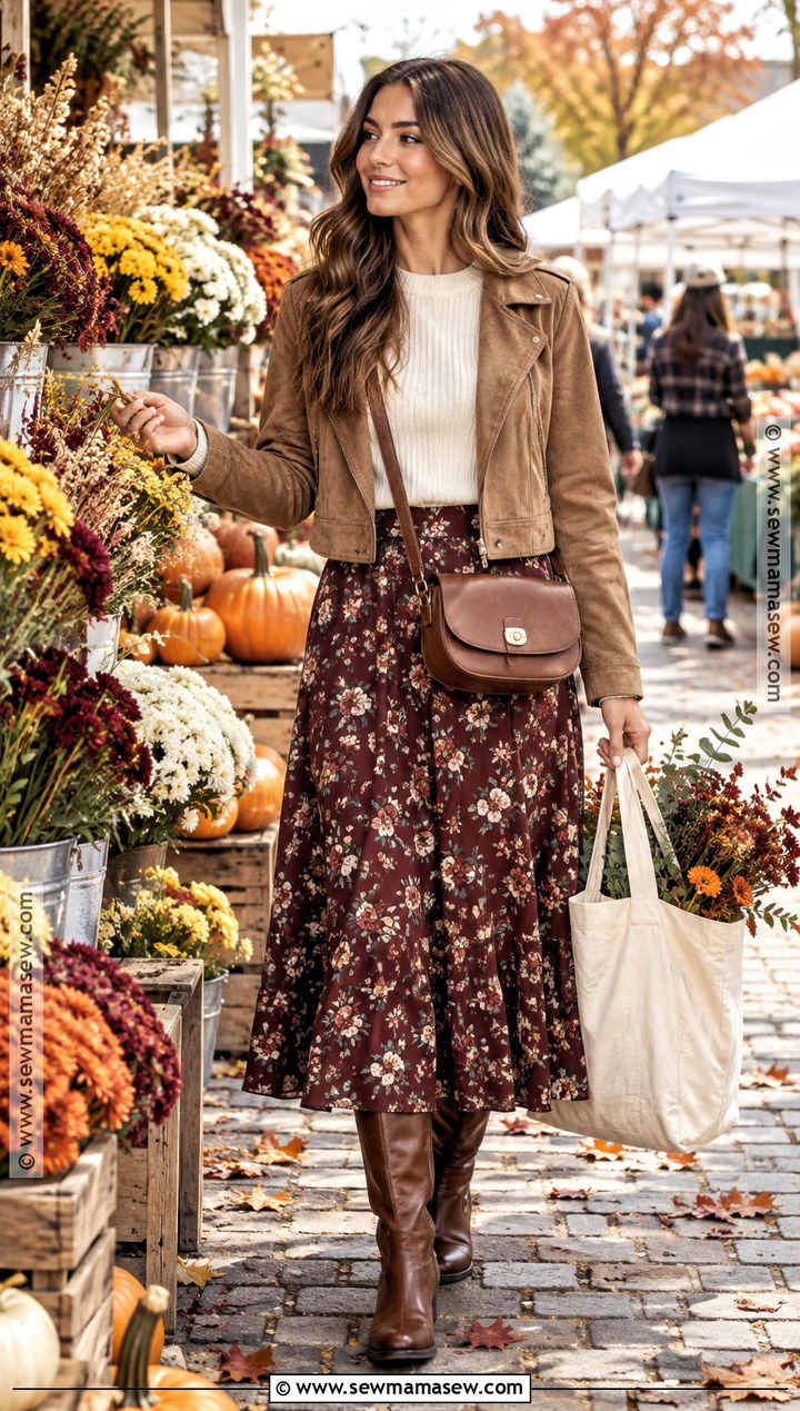 Fall Farmers Market Outfit With A Floral Midi Skirt - 25 fall farmers market outfit ideas