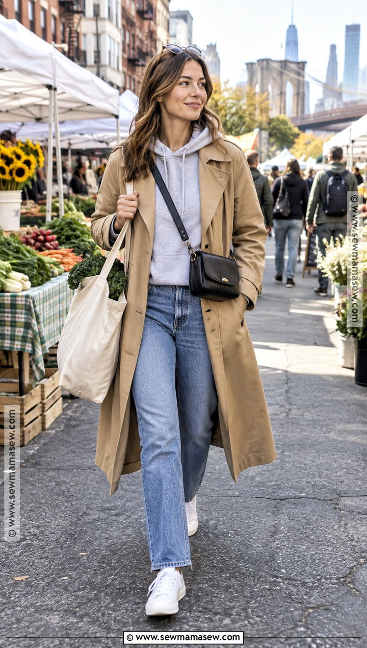Fall Farmers Market Outfit With A Hoodie And Trench Coat - 25 farmers market outfit fall ideas