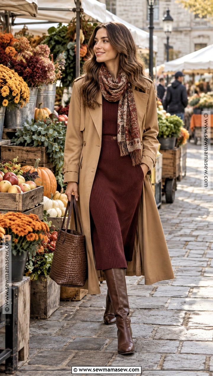Fall Farmers Market Outfit With A Trench Coat And Midi Dress - 25 farmers market outfit fall ideas