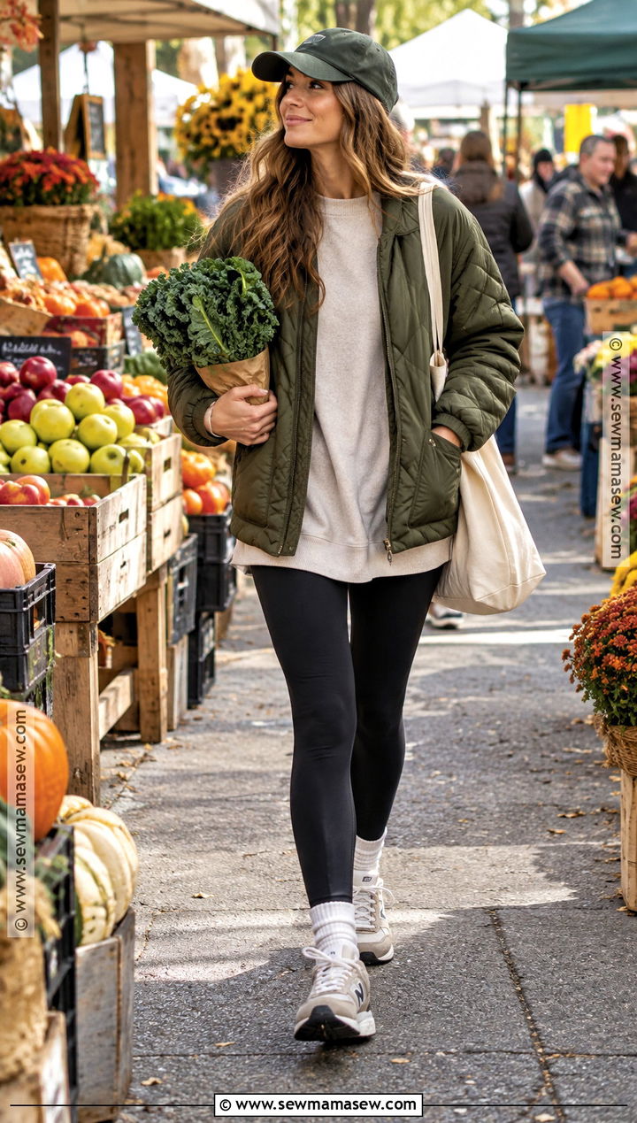Fall Farmers Market Outfit With Leggings And A Quilted Jacket - 25 farmers market outfit fall ideas