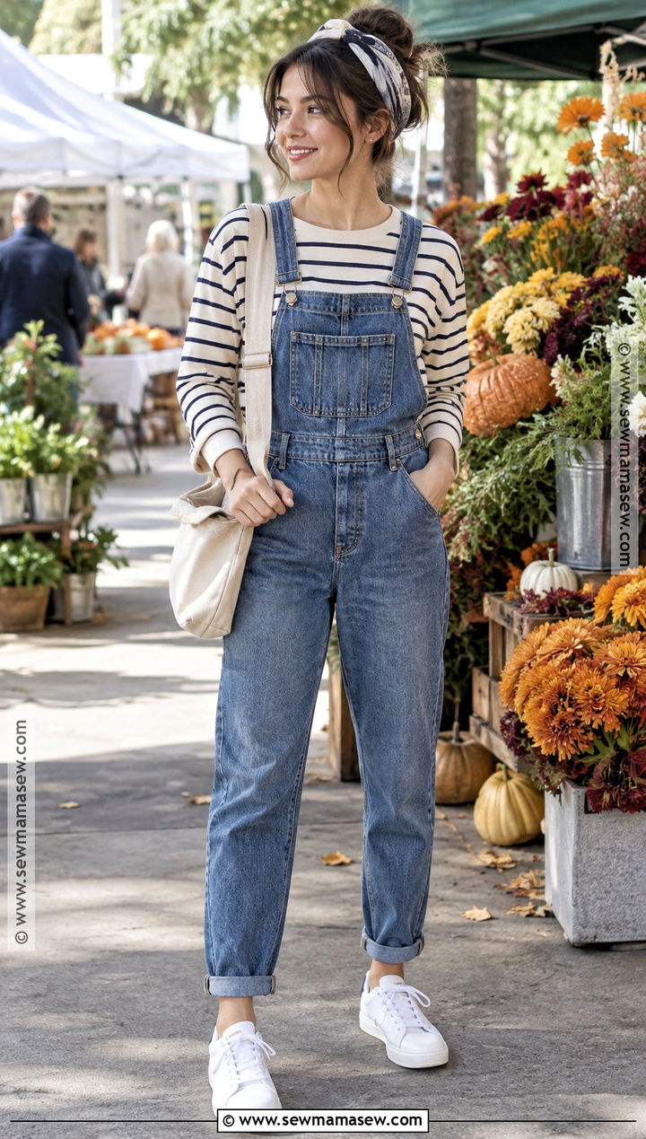 Fall Farmers Market Outfit With Overalls And A Striped Shirt - 25 farmers market outfit fall ideas