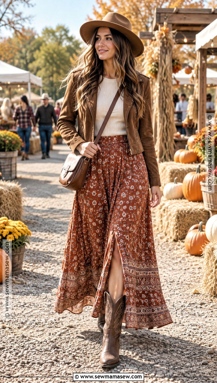 Fall Festival Date Outfit With Suede Jacket And Maxi Skirt - 20 cute fall date outfits