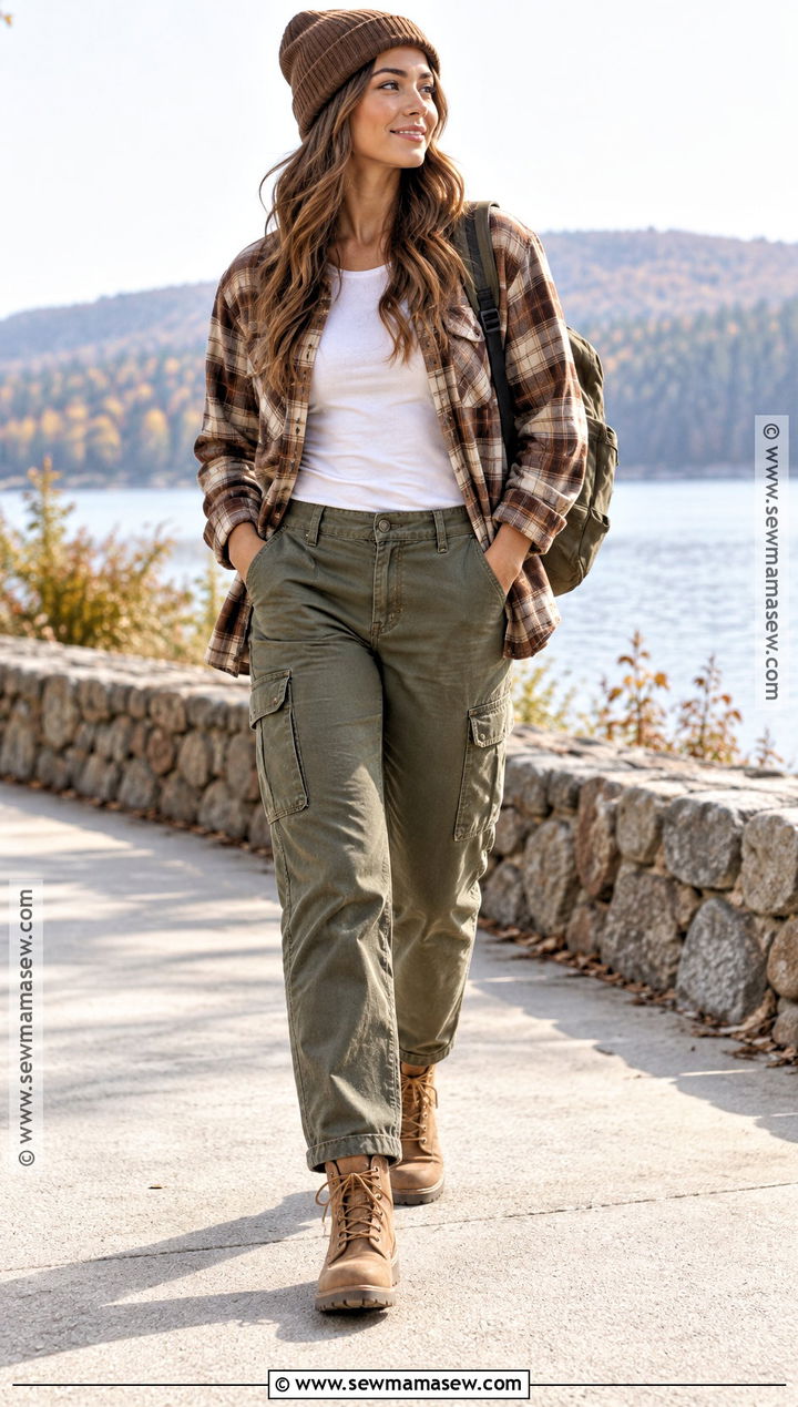 Fall Flannel Overshirt With Cargo Pants - 25 fall looks for women outfit ideas